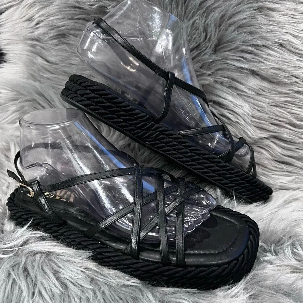 Zara black leather rope platform sandals Size 40